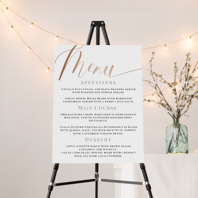 Minimalistic White & Rose Gold Script Wedding Menu Foam Board (In Situ (Stand))
