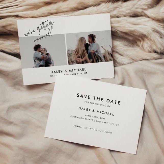 Minimalistic White Script 2 Photo Wedding Save The Date (Creator Uploaded)