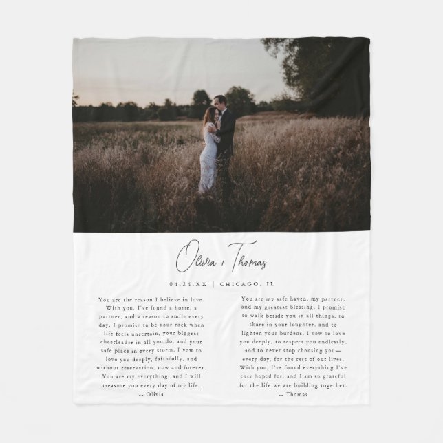 Minimalistic White Script Wedding Vows Photo Fleece Blanket (Front)