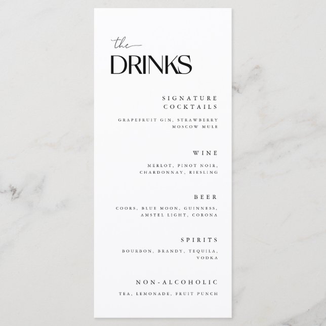 Minimalistic White Wedding Drinks Menu (Front)
