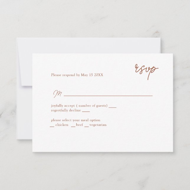 MInimally terracotta scripted RSVP Card (Front)