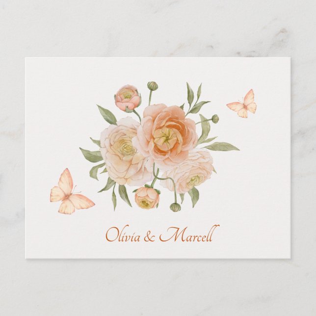 Minimlaist flower bloom butterfly wedding postcard (Front)