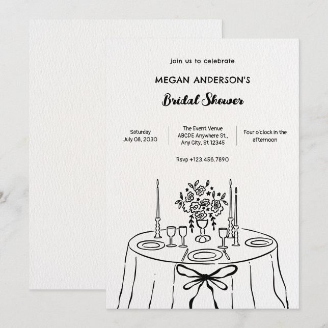 Minimlaist hand drawn dinner table bridal shower invitation (Front/Back)