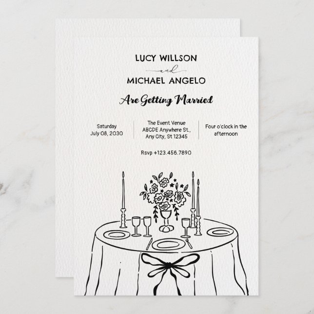 Minimlaist hand drawn dinner table wedding  invitation (Front/Back)