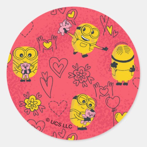 Minions Valentines Day  Bob Doodle Pattern Classic Round Sticker