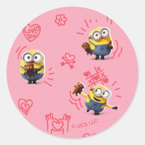 Minions Valentines Day  Bob  Tim Hearts Pattern Classic Round Sticker
