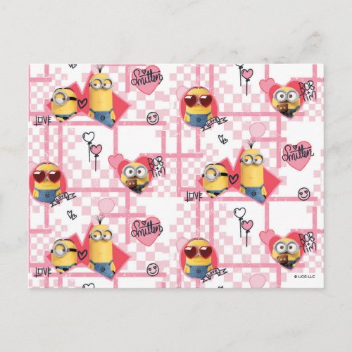 Minions Valentines Day  Grid  Hearts Pattern Postcard