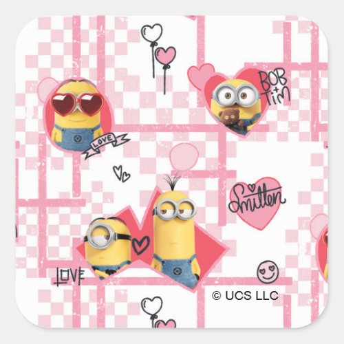 Minions Valentines Day  Grid  Hearts Pattern Square Sticker