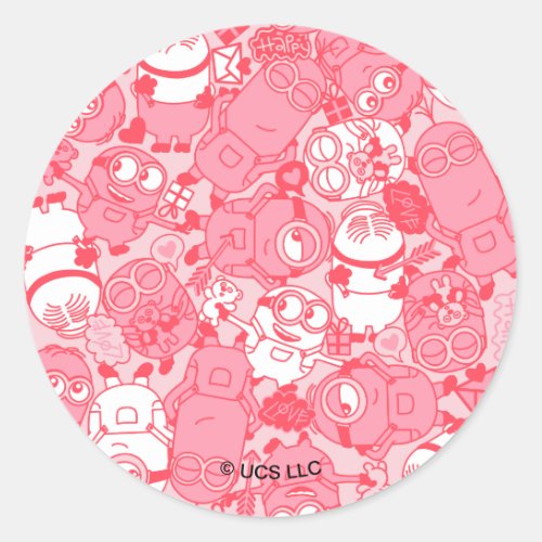 Minions Valentines Day  Pink Minion Toss Pattern Classic Round Sticker