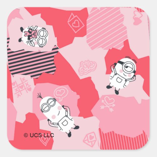 Minions Valentines Day  Pink Patchwork Pattern Square Sticker