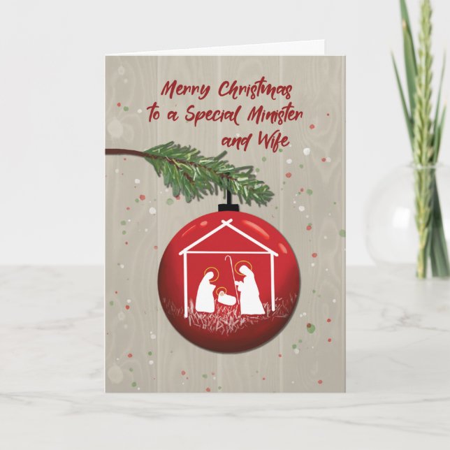 Minister and Wife Christmas Ornament with Manger Card (Front)