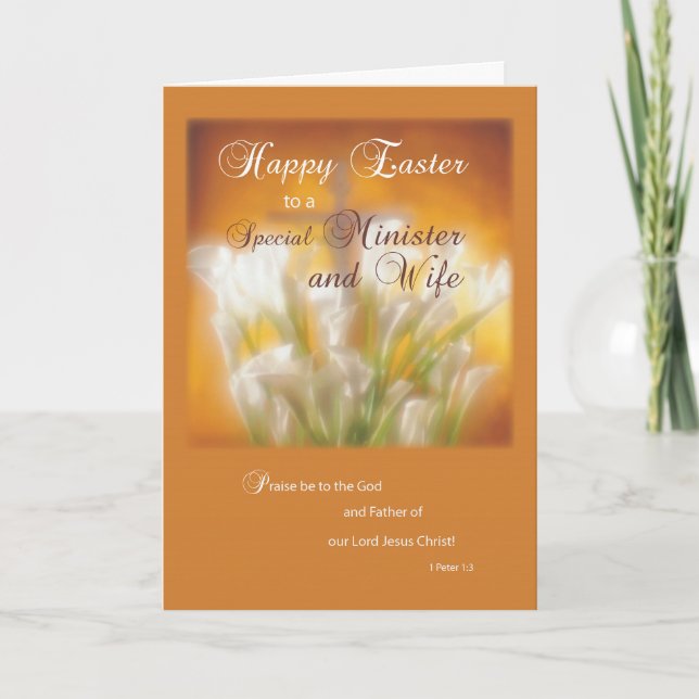 Minister & Wife Happy Easter Lilies with Cross Holiday Card (Front)