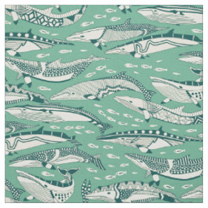 minke whales dark teal peppermint fabric