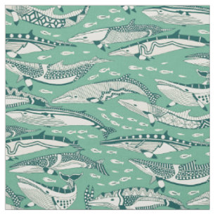 minke whales dark teal peppermint fabric