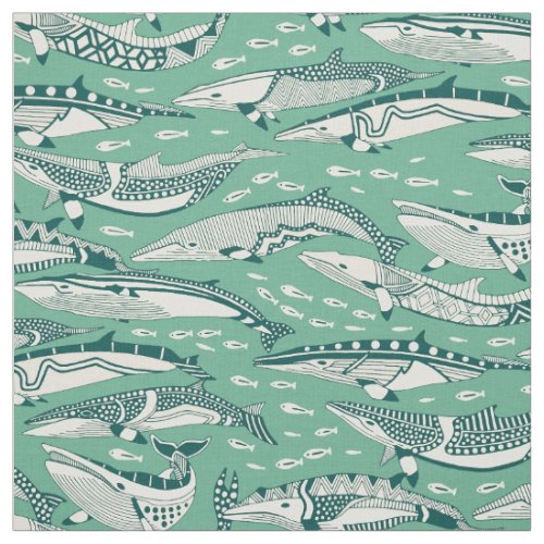 minke whales dark teal peppermint fabric