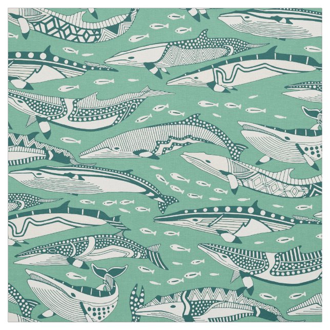 minke whales dark teal peppermint fabric (Swatch)