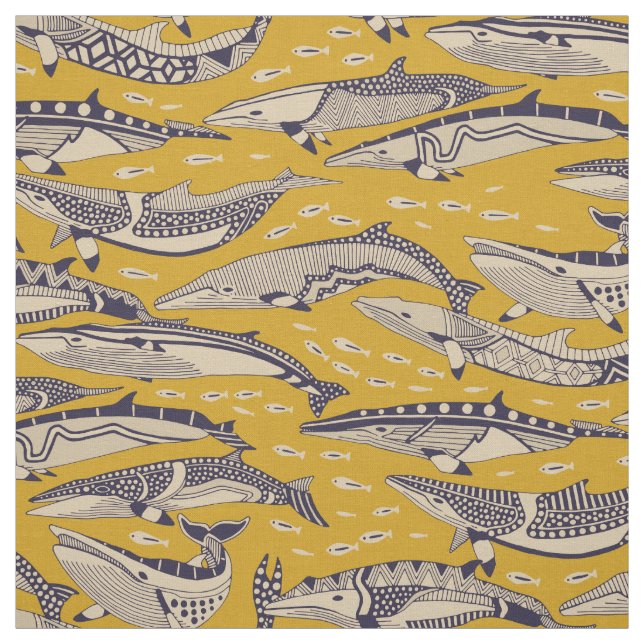 minke whales gold fabric (Swatch)