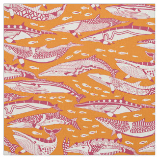 minke whales viva magenta satsuma orange fabric