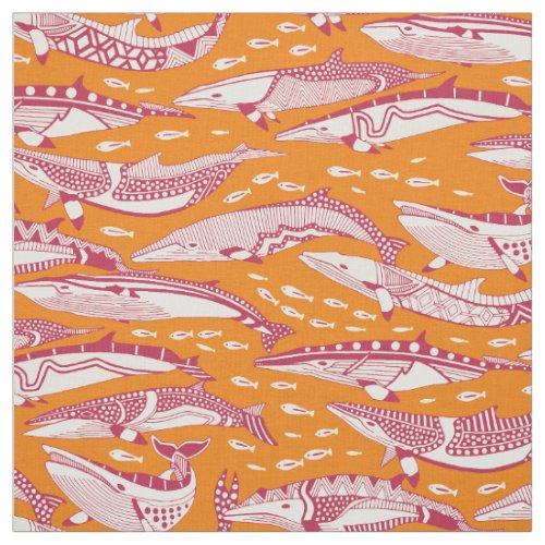 minke whales viva magenta satsuma orange fabric