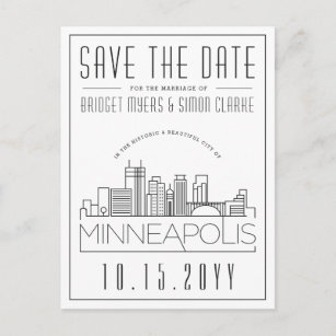 Minneapol Wedding   Stylized Skyline Save the Date Postcard