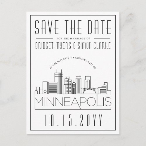 Minneapol Wedding  Stylized Skyline Save the Date Postcard