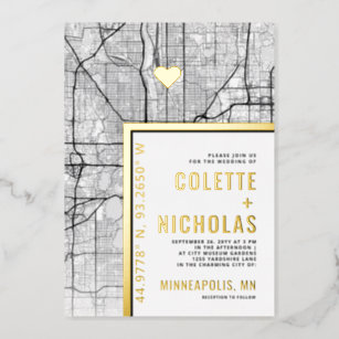 Minneapolis Love Locator   City Themed Wedding Foil Invitation