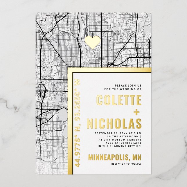 Minneapolis Love Locator | City Themed Wedding Foil Invitation (Front)