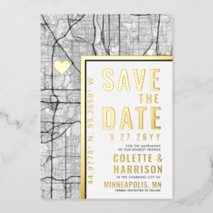 Minneapolis Love Locator   Wedding Save the Date Foil Invitation