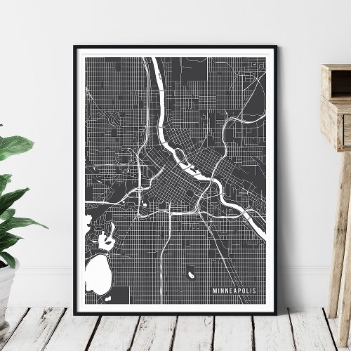 Minneapolis Map Minimalist Charcoal Gray City Map Poster