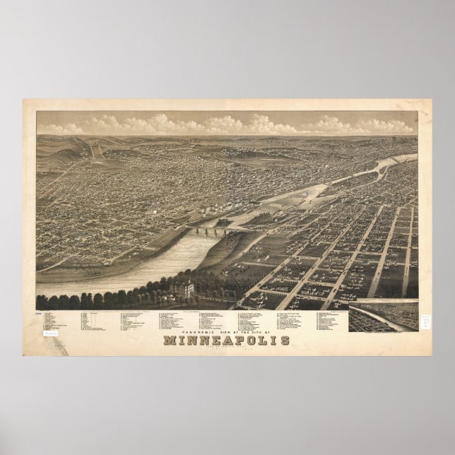 Minneapolis Minnesota 1879 Antique Panoramic Map Poster (Front)