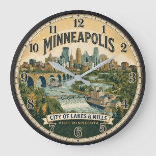 Minneapolis Minnesota City of Lakes Travel Poster  Large Clock