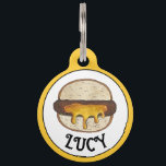 Minneapolis Minnesota MN Juicy Lucy Cheese Burger  Pet ID Tag<br><div class="desc">Design features an original marker illustration of a Juicy Lucy (Jucy Lucy) cheeseburger. Popular in Minnesota and most likely invented in the city of Minneapolis, this classic food is a burger with cheese stuffed inside of the meat, allowing gooey melted cheese to drip from the burger once cooked. It is...</div>