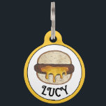 Minneapolis Minnesota MN Juicy Lucy Cheese Burger  Pet ID Tag<br><div class="desc">Design features an original marker illustration of a Juicy Lucy (Jucy Lucy) cheeseburger. Popular in Minnesota and most likely invented in the city of Minneapolis, this classic food is a burger with cheese stuffed inside of the meat, allowing gooey melted cheese to drip from the burger once cooked. It is...</div>