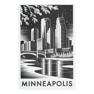 Minneapolis Minnesota Skyline Black White Woodcut Metal Print