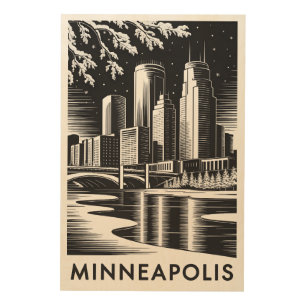 Minneapolis Minnesota Skyline Black White Woodcut Wood Wall Art