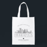 Minneapolis, Minnesota Wedding | Stylized Skyline Grocery Bag<br><div class="desc">A unique wedding bag for a wedding taking place in the beautiful city of Minneapolis,  Minnesota.  This bag features a stylized illustration of the city's unique skyline with its name underneath.  This is followed by your wedding day information in a matching open lined style.</div>