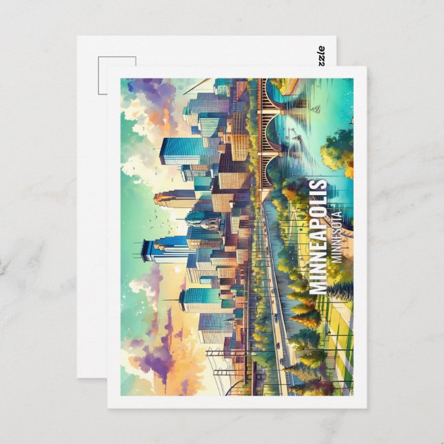 Minneapolis Minnesta USA Famous Place watercolor Postcard (Front/Back)
