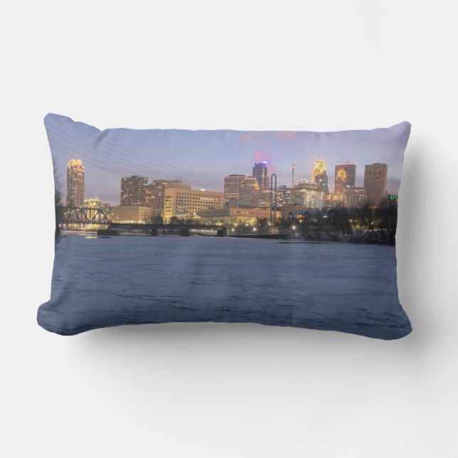 minneapolis skyline and frozen mississippi river lumbar pillow (Front)