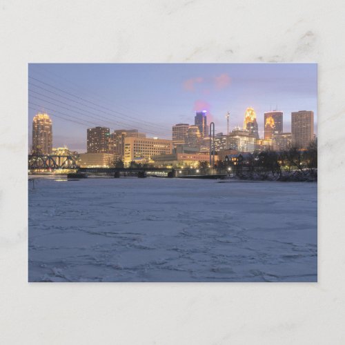 minneapolis skyline and frozen mississippi river p postcard
