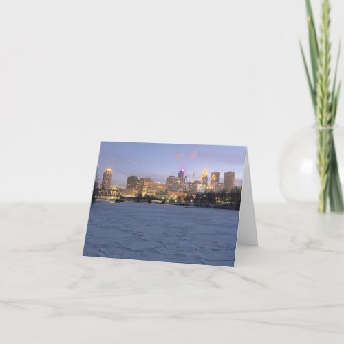 minneapolis skyline and frozen mississippi river thank you card