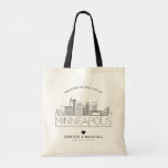 Minneapolis Wedding | Stylized Skyline Tote Bag<br><div class="desc">A unique wedding tote bag for a wedding taking place in the beautiful city of Minneapolis,  Minnesota.  This tote features a stylized illustration of the city's unique skyline with its name underneath.  This is followed by your wedding day information in a matching open lined style.</div>