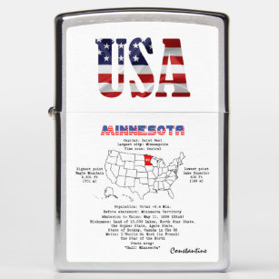 Minnesota American state on a map and useful info Zippo Lighter