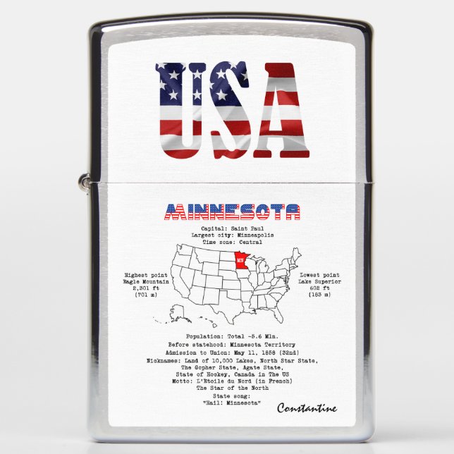 Minnesota American state on a map and useful info Zippo Lighter (Front)