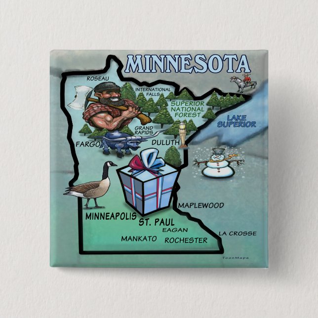 Minnesota Cartoon Map Pinback Button (Front)