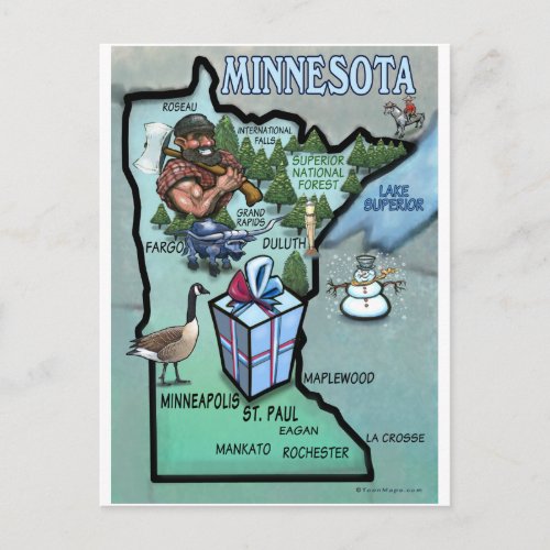 Minnesota Cartoon Map Postcard