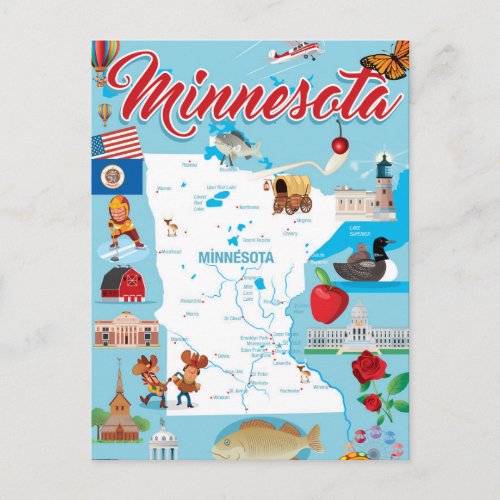 Minnesota Cartoon Map Postcard Minnesota Cartoon Map Postcard