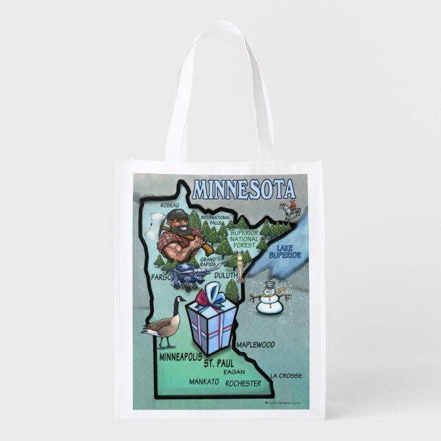 Minnesota Cartoon Map Reusable Grocery Bag (Front)