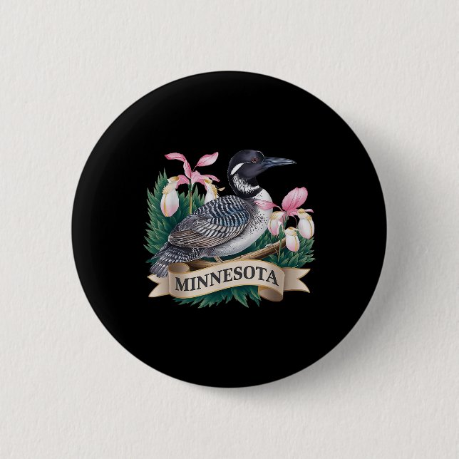 Minnesota Common Loon Bird And Ladys Slippers Flow Button (Front)
