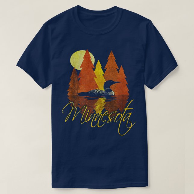 Minnesota FallAutumnSunset with Loon and Trees T-Shirt (Design Front)