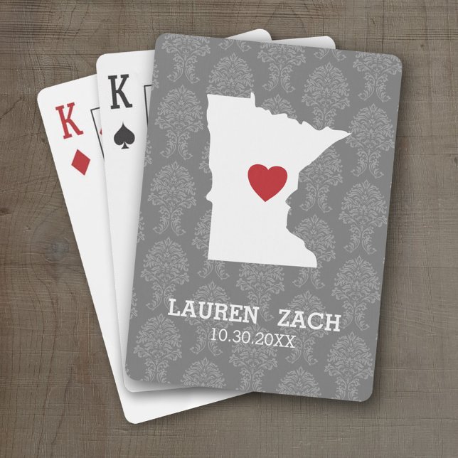 Minnesota Home State City Map - Custom Wedding Poker Cards (Personalized Playing Cards with a State Map, Movable Heart and Name)